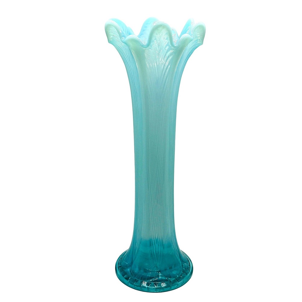 Antique Northwood Aqua Blue Opalescent Swung Glass Vase Ruffled Feather Trumpet